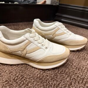 Veronica Beard Cream and Tan Leather Suede Lace-Up Sneakers
